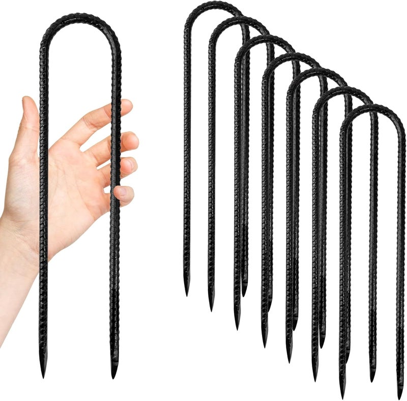 Anothera 8 Pack Trampoline Stakes Anchors High Wind, 12 Inches Tent Stakes Heavy Duty, Galvanized Steel Ground Stakes Kit, U Shaped Rebar Stakes for Trampoline, Tents, Fence - Image 1